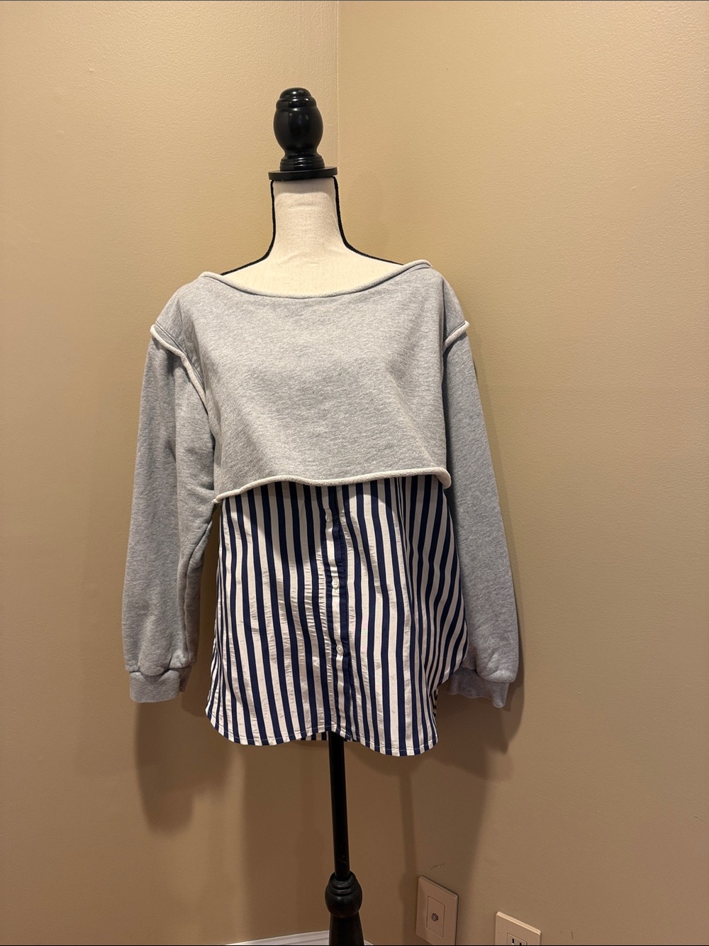 Alexander Wang Two-in-One Gray Sweatshirt Over Navy & White Striped Shirt
